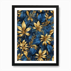 Blue And Gold Tropical Leaves Art Print 0 Art Print