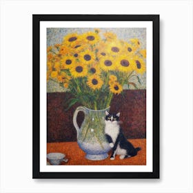Daisies With A Cat 1 Pointillism Style Art Print