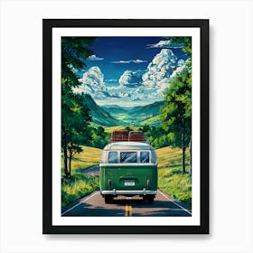 Lofi Anime Art: A vintage camper van on a countryside road with rolling hills and a vibrant sky. Perfect for nostalgic road trip vibes. Art Print