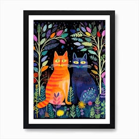 Two Wide Eyed Cats At Night In A Meadow Art Print