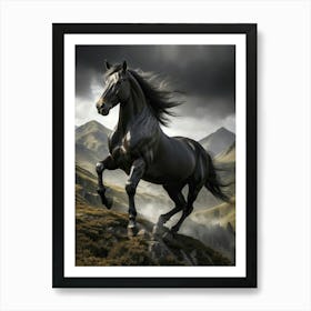 Black Horse Running In The Mountains Art Print