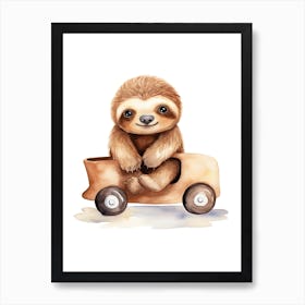 Baby Sloth On A Toy Car, Watercolour Nursery 2 Art Print
