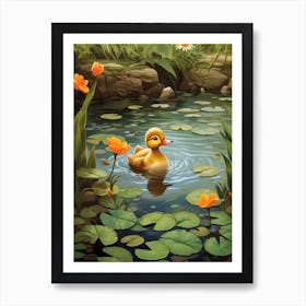 Cartoon Duckling Swimming With Water Lilies 2 Art Print