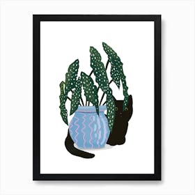 Black Cat, Blue Jar On White Art Print