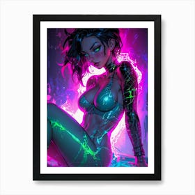 A cyberpunk portrait of a tattooed beauty — a symphony of neon colors showcasing her sexy allure and manga charm. Art Print