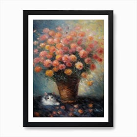 Chrysanthemums With A Cat 1 Art Print