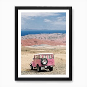 Pink Jeep In The Desert Art Print