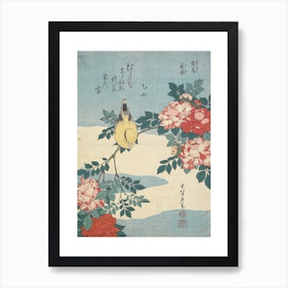Japanese Nightingale And Spray Of Roses Art Print