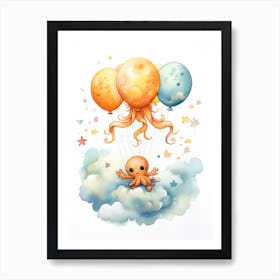 Octopus Flying With Autumn Fall Pumpkins And Balloons Watercolour Nursery 1 Art Print