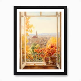 Window View Of Barcelona Spain In Autumn Fall, Watercolour 1 Art Print