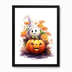 Cute Ghost With Pumpkins Halloween Watercolour 9 Art Print