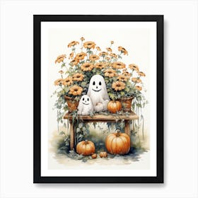 Cute Bedsheet Ghost, Botanical Halloween Watercolour 73 Art Print