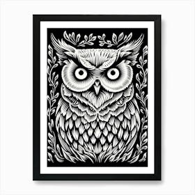 B&W Bird Linocut Great Horned Owl 3 Art Print
