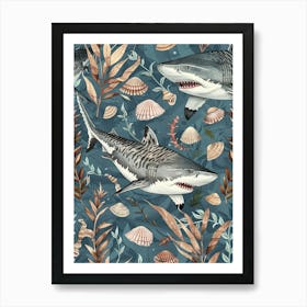 Pastel Blue Tiger Shark Watercolour Seascape Pattern 1 Art Print