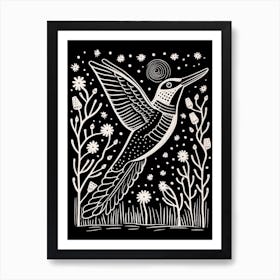 B&W Bird Linocut Kingfisher 2 Art Print