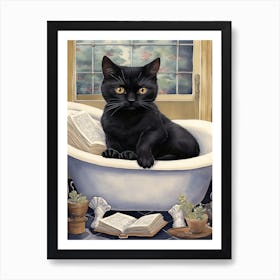 Black Cat In Bathtub Botanical Bathroom 4 Art Print