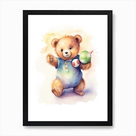 Bowling Teddy Bear Painting Watercolour 1 Art Print