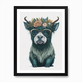 Cute Floral Yak With Sunglasses Painting (7) Art Print