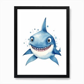 Cartoon Watercolour Blue Shark Kids Nursery 3 Art Print