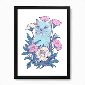 Cute Scottinsh Fold Cat With Flowers Illustration 4 Art Print