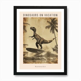 Vintage Maiasaura Dinosaur On A Surf Board 3 Poster Art Print