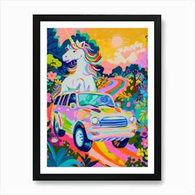 Unicorn In A Car Rainbow Painting Art Print