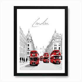 London Red Buses, Black And White Illustration Art Print