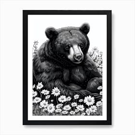 Malayan Sun Bear Resting In A Field Of Daisies Ink Illustration 3 Art Print