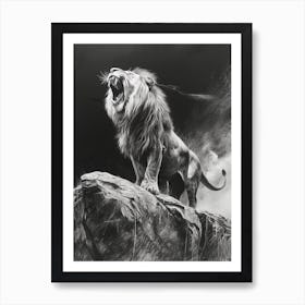 African Lion Charcoal Drawing Roaring On A Cliff 2 Art Print