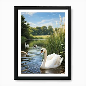 Closeup Of A White Swan On A Tranquil Duck Pond Amidst A Scenic River Bank Feather Details In The F (1) Art Print