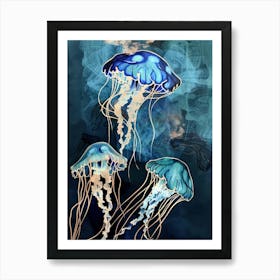 Jellyfish Painting Gold Blue Effect Collage 4 Art Print