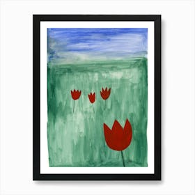 Red Geometric Tulips On Green - nature floral naive geometric vertical Art Print