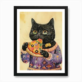 Cute Black Cat Eating A Pizza Slice Folk Illustration 3 Art Print