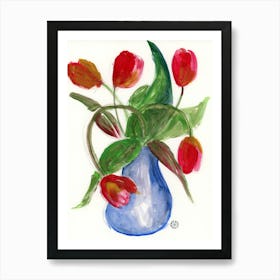 Five Red Tulips - watercolor minimal floral flowers red green blue Anton Maliar Art Print