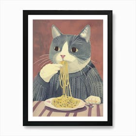 Grey White Cat Eating Pasta Folk Illustration 3 Art Print