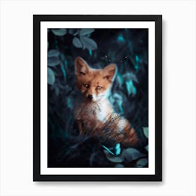 Baby Fox And Blue Butterfly in Green Forest 1 Art Print