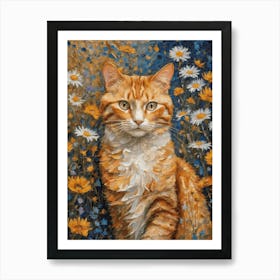 Klimt Style Ginger Tuxedo Orange Tabby Cat in Colorful Garden Flowers Meadow Gold Leaf Painting - Gustav Klimt and Monet Inspired Textured Acrylic Palette Knife Art Daisies Poppies Amongst Wildflowers at Night Beautiful HD High Resolution Art Print