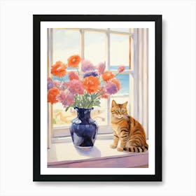 Cat With Anemone Flowers Watercolor Mothers Day Valentines 2 Art Print