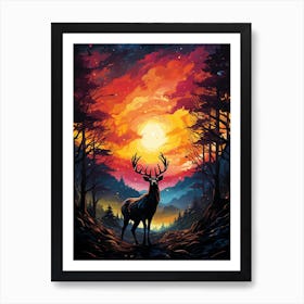 Deer In The Forest At Sunset Art Print