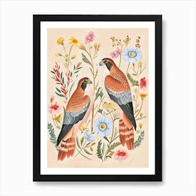 Folksy Floral Animal Drawing Falcon 1 Art Print