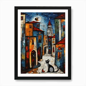 Painting Of Istanbul With A Cat In The Style Of Surrealism, Miro Style 1 Art Print