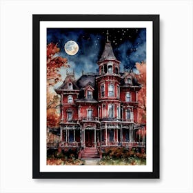 The Red Witches House ~ Red Watercolor Witchy Cottage Gothic Victorian Mansion Home artwork - Witch pagan goth fairytale perfect cottage Flowers Gardens Witchcraft Magick Wicca Yoga Spiritual, Practical Magic Owen's House, Kat Van and Sabrina Inspired Art Print