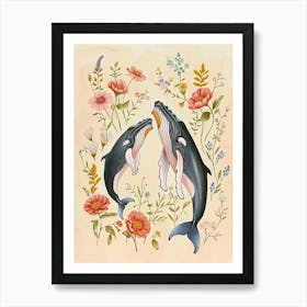 Folksy Floral Animal Drawing Whale 3 Art Print