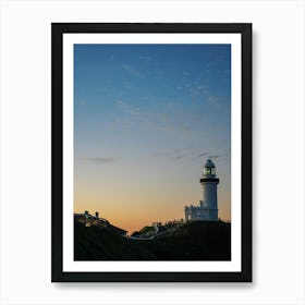 Lighthouse At Dusk, Deep Shadows, Vibrant Orange And Blue Skies. Perfect For Phone Wallpaper And Portrait Prints Art Print