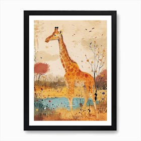 Giraffe By The Watering Hole Watercolour Illustration 4 Art Print