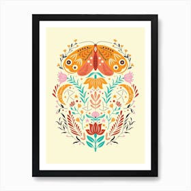 Colorful Moth With Florals On Light Yellow Art Print