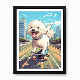 Maltese Dog Skateboarding Illustration 1 Art Print