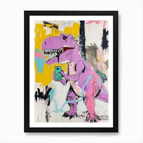 Dinosaur On The Phone Purple Graffiti Style 1 Poster