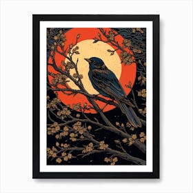 Birds And Branches Linocut Style 8 Art Print