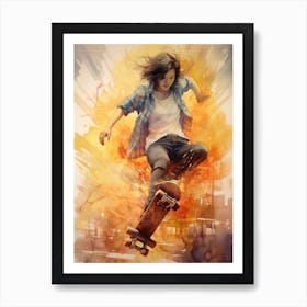 Girl Skateboarding In Philadelphia, United States Watercolour 3 Art Print